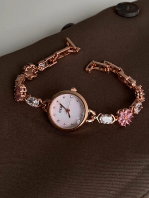 052-8 Dainty Pink Zircon Cherry Blossom Gold Round Face Watch