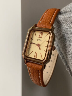 091-11 Classic Rectangle Face Brown/Green/Orange Leather Watch